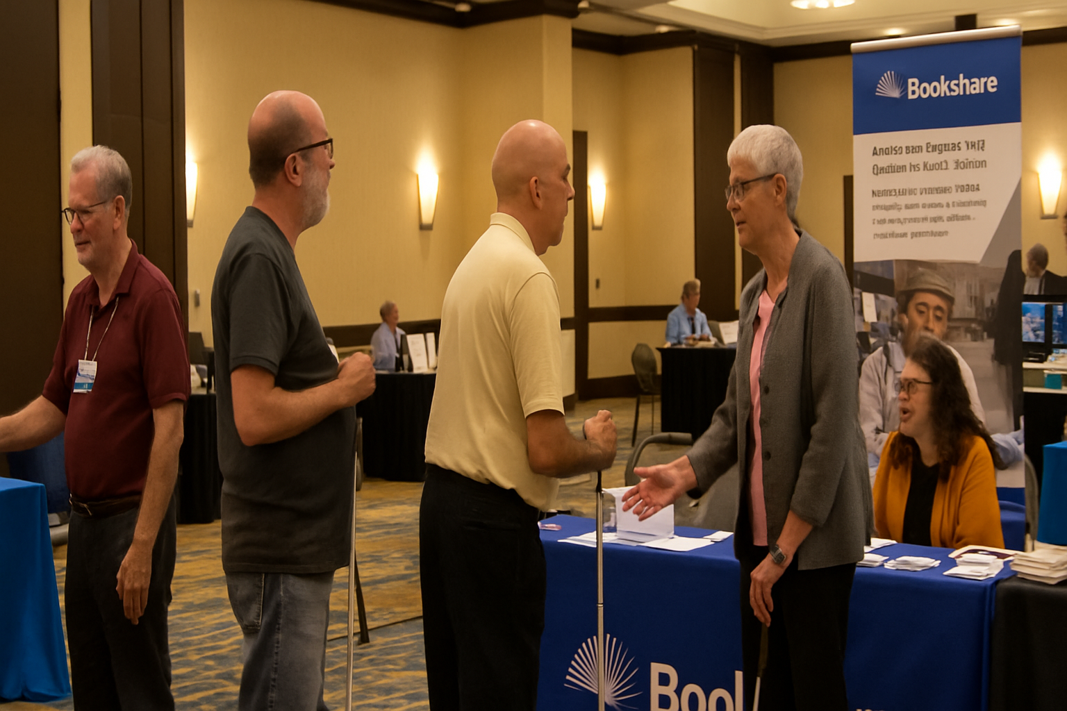 Convention attendees are visiting exhibit hall tables and talking to vendors.