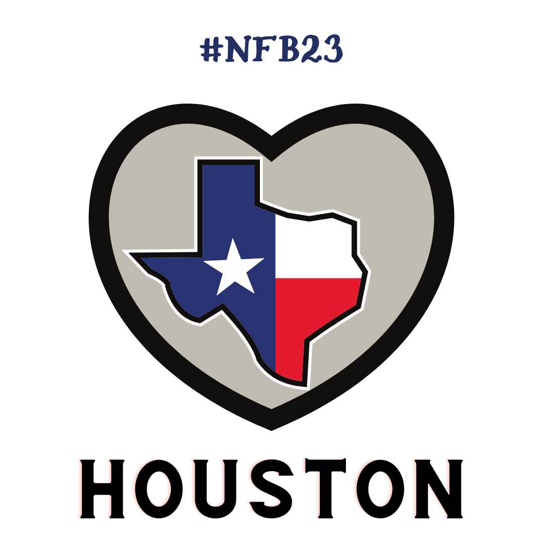Graphic that has #nfb23 at the top above a heart around a outline of the state of Texas with the Texas flat in the shape. Below that is the word Houston in black.